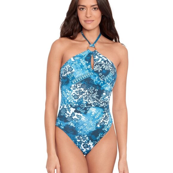 Lauren Ralph Lauren Ring Halter One-Piece Swimsuit Size 8 Blue Indigo Patchwork - Picture 1 of 3